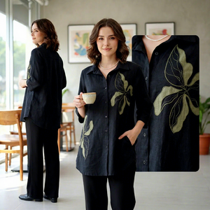 Ensemble chemise et pantalon brodés de fleurs noires pour femmes, haut à col et manches trois quarts, boutons sur le devant, coupe ample, tenue élégante et décontractée - Product Image 2