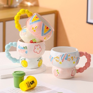 <span class=keywords><strong>Mug</strong></span> à eau, lait, jus, thé ou café en céramique esthétique, peint à la main, en relief, avec poignée perlée, grand format, cadeau mignon pour les fêtes - Product Image 3