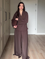 Setelan Pakaian Wanita Baru Sederhana V-Neck Lengan Panjang Kancing Logam Kasual Longgar Anti Kusut Jaket dengan Celana