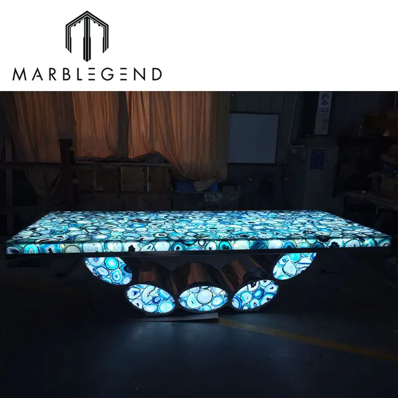 Custom Luxe Meubels Natuurlijke Edelsteen Salontafel Backlit Blauwe Agaat Stenen Tafel Top