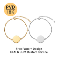 Bracelet pour femme en acier inoxydable plaqué or 18 carats PVD, disque rond lisse, hypoallergénique, gravable au laser, réglable