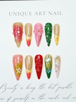 Faux Ongles Longs Pointus Faits Main de Haute Qualité en Gros, Peints à la Main avec Dégradé 3D Floral Tropical, Ongles Press-on Faits Main