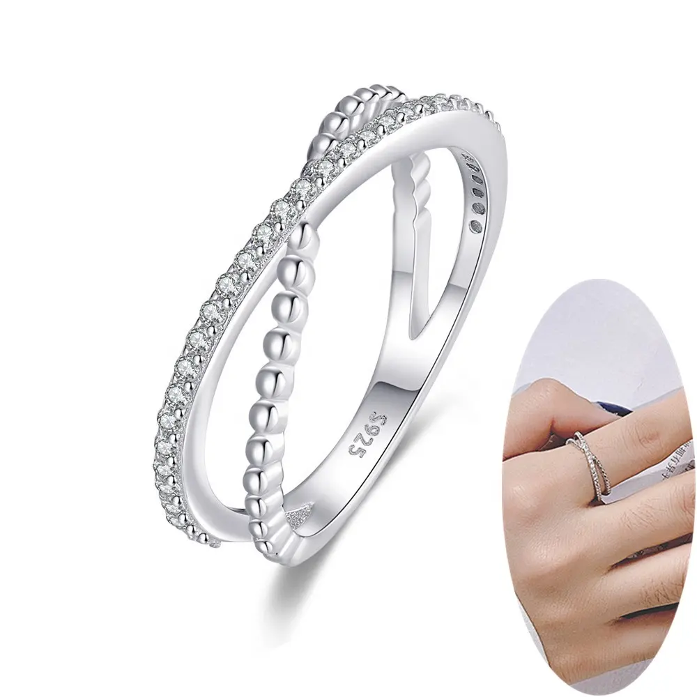 แหวนเงินรูปเรขาคณิต CZ Crisscross Knuckle,แหวนเงินสเตอร์ลิง925วงแหวนใส่นิ้วแบบไขว้เซอร์โคเนียลูกบาศก์สองชั้น