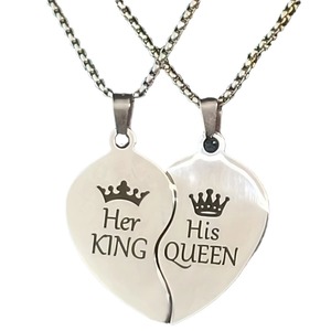 Sa reine son roi laser graver couple romantique en acier inoxydable coeur brisé pendentif boîte chaîne collier pour amoureux - Product Image 1