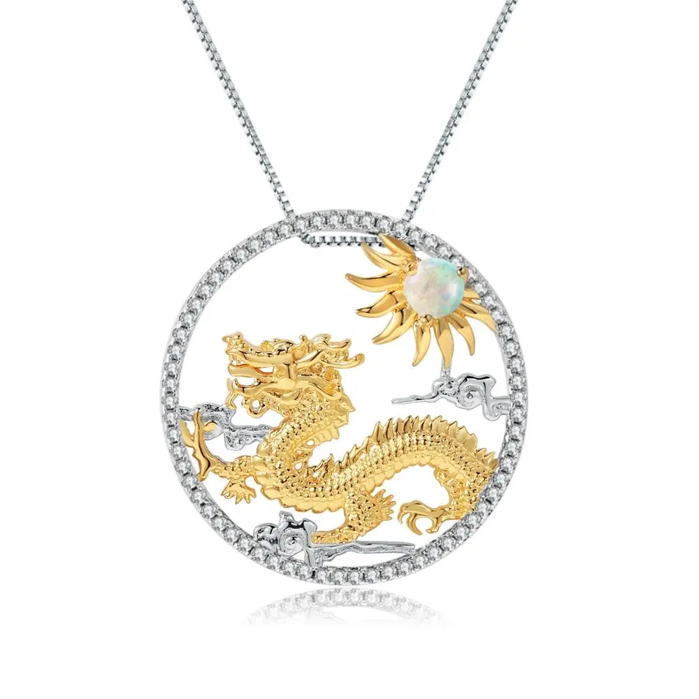 Rispettosi Ciondolo In Oro Opale Naturale 925 Gioielli In Argento Sterling Flying Dragon Segno Dello Zodiaco Cinese Pendente Della Collana Per Le Donne