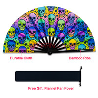 En Stock UV réfléchissant grands crânes fête Rave Festival ventilateur en tissu de bambou, ventilateur à main personnalisé pliable à claquettes