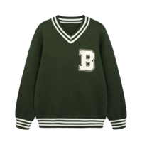 Pull-over en tricot pour homme, 100% coton, personnalisé, style universitaire, avec logo en patch chenille, col en V, rayé, style preppy, automne-hiver, vente en gros