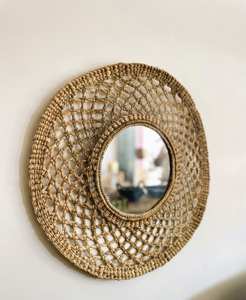 Miroir mural artisanal en jacinthe d'eau, 58 cm, grand format, tressé, motif floral soleil, miroir décoratif pour maison bohème - Product Image 3