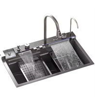 Wastafel Dapur Modern KAWAL dari Baja Anti Karat, Mewah dengan Desain Air Terjun Nano Hitam Persegi Panjang untuk Meja Dapur