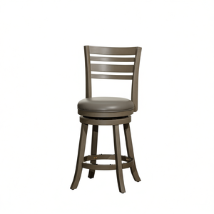 Tabouret de bar gris patiné à hauteur de comptoir avec assise en cuir gris français, dossier à lattes et fonction pivotante - Product Image 1