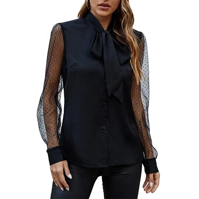 Women's V Neck Sexy Bow Tie Blouses See Through Polka Dot Lace Mesh Long Sleeve Women Ladies Tops Blouse