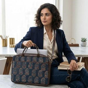 Sac pour ordinateur portable Indigo Paisley, sac messager de bureau en coton fait main, pochette ethnique pour ordinateur portable 16 pouces - Product Image 3