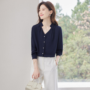Royal Blue V-neck Shirt Women Long Sleeve Button Front Solid Color Office Wear Polyester Poplin Blouse Spring Autumn 2025 - Product Image 1