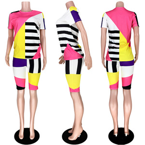 Verano geometría rayado empalme 2 piezas traje de pista trajes ocio deportes dos piezas pantalones cortos conjunto ropa de mujer - Product Image 4