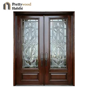 Prettwood-puerta delantera tradicional de madera maciza, cristal arqueado, doble apertura, Exterior