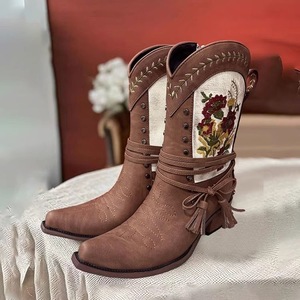 Bottines Western Rétro Brodé pour Femme, Nouveau Style, Tige en PU, Semelle Extérieure en Caoutchouc, Semelle Intermédiaire en Bois, Semelle Épaisse, Bout Pointu, Fermeture Éclair Latérale - Product Image 1
