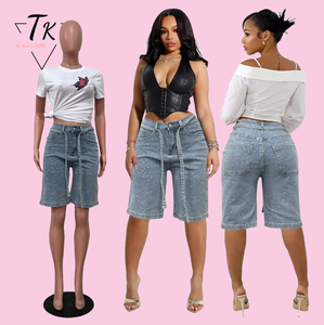 Think 2025 <strong>Women</strong> High Breathable Knitted Rhinestones Straight <strong>Knee</strong> <strong>Length</strong> <strong>Cargo</strong> Pants Summer Belt Pocket Street Casual <strong>Shorts</strong> - Product Image 1
