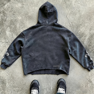 Sudadera con Capucha Corta Personalizada de 500 g/m², Estilo Urbano, Lavado Ácido, Desgastada, Corte Cuadrado, para Hombre, 100% Algodón, Hip Hop - Product Image 2