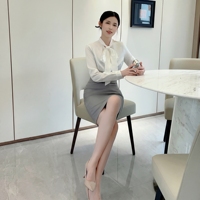 Ensemble de tailleur OEM ODM gris pour femme, jupe formelle, blazer ajusté à col montant, jupe crayon, chemisier à nœud papillon, pour bureau, hôtel, réception