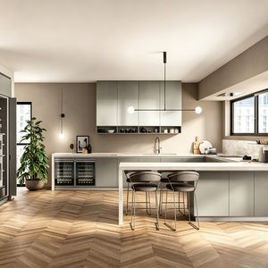 Meubles de cuisine industriels modernes style loft, noir mat et blanc, unités géométriques, étagères vitrées, éclairage LED intégré - Product Image 3