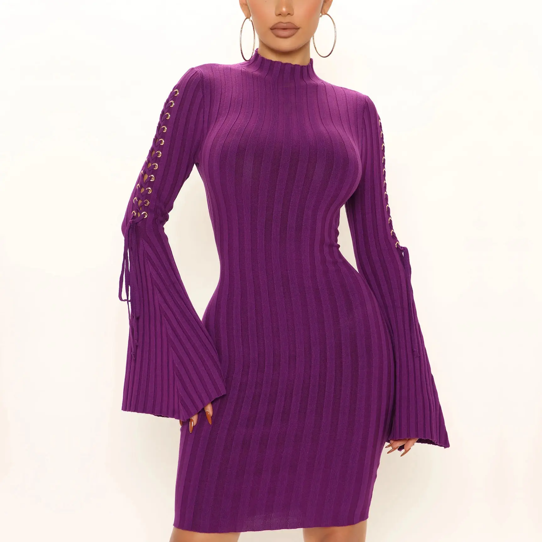 Fashion Fall Winter Clothing High Quality Cotton Knit Purple Color Plain Lace Up Flare Long Sleeve Women Sweater Dress