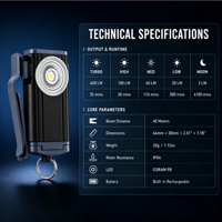 Mini lampe torche LED portable OEM 400 lumens, étanche IP65, rechargeable par USB, faisceau réglable, pour clé de poche
