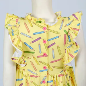 Flutter Sleeves Pencil Print 95% Knit Cotton 5% Spandex Midi Dress Summer Waist Gathered Buttons Back Ruffle Twirling Dress