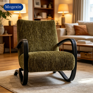 Fauteuil d'appoint élégant en tissu vert avec structure en bois massif courbé, fauteuil simple pour salon et bureau - Product Image 1