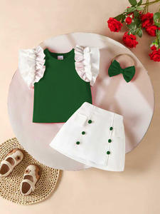 Set pakaian 3 potong untuk perempuan, atasan renda kasual Cross-Border Eropa dan Amerika, atasan leher bulat + rok putih syal pita, Set motif 3 potong - Product Image 4