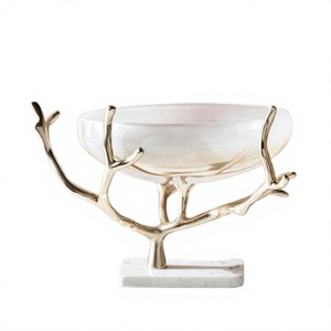 Nuevo último diseño centro de mesa tazón de vidrio decorativo Rama de metal chapado en oro soporte de mármol tazón de metal de mesa decorativo de lujo - Product Image 1
