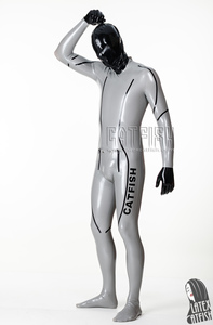 Combinaison en <span class=keywords><strong>latex</strong></span> argenté métallisé de marque <span class=keywords><strong>Catfish</strong></span> pour homme avec capuche double couche - Product Image 6