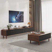 Ensemble de console TV et table basse en bois de noyer bicolore avec tiroirs noirs texturés et design à bords arrondis