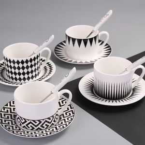 Nordic Creative Geometric Pattern Ceramic Coffee <b>Cup</b> Saucer Set Spoon Black White Sustainable Family Restaurant Hotel Use - Product Image 2