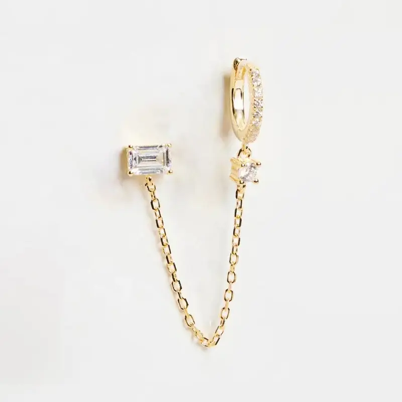 LOZRUNVE Vente en gros de bijoux en or Dubaï Boucles d'oreilles créoles à double perçage et chaîne