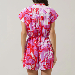 Mono corto de lujo con estampado playero, cuello redondo, cintura ajustada y botones, diseño con cantidad mínima de pedido, 100% rayón. - Product Image 3