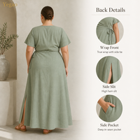 Robe longue Yegao grande taille vert sauge, style cache-cœur, col en V, fabrication sur mesure OEM/ODM, commande d'usine, MOQ 30 pièces, fabrication directe