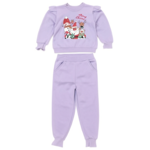 Tuta natalizia viola per bambine, a maniche lunghe, girocollo, 100% cotone, casual, invernale, con stampa di personaggi e dettagli laterali - Product Image 1