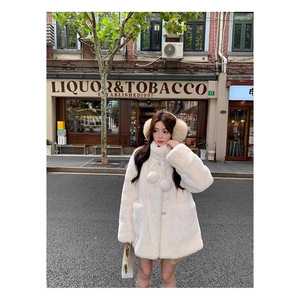 Faux Rabbit Fur Mid Length Coat Coconut Milk White Khaki Warm Autumn Winter Women's Outerwear - Product Image 2