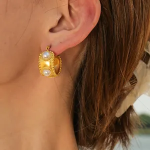 Waterproof 18K Gold Plated CC Hoop Earrings Statement Stainless Steel Pearl Hoop Earring for Women