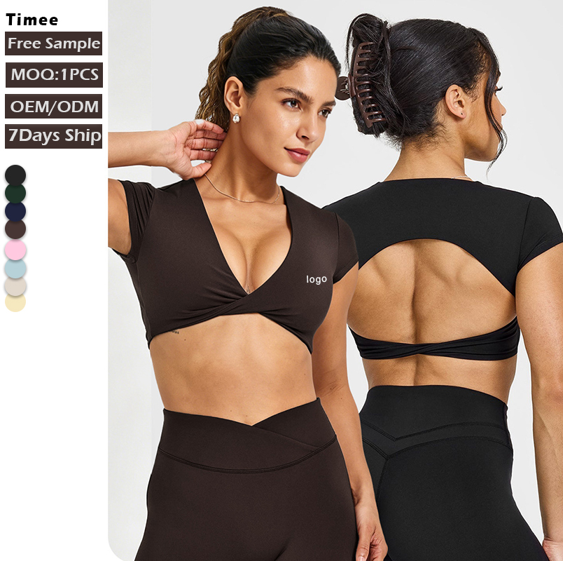 Hot Sale Twist Detail V-Neck Workout T-Shirt Women Cutout Backless Quick Dry Yoga Crop Top for Gym Fitness Running Daily Casual