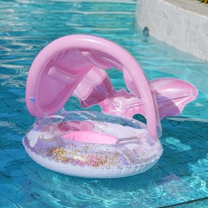 Bouée de bain rose en forme de queue de poisson avec auvent, 56 pouces, pour les tout-petits, pour jeux aquatiques et piscine - Product Image 1