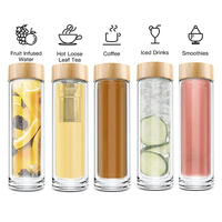 Bouteille à infuseur à thé en verre borosilicate à double paroi écologique avec couvercle en bambou et filtre en acier inoxydable pour boissons chaudes et froides