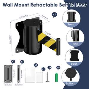 Barriera a Nastro Retrattile con Montaggio a Parete Fisso, Barriere per Controllo Folla con Custodia in Acciaio Nero, Nastro Espandibile in Acciaio Inox - Product Image 2