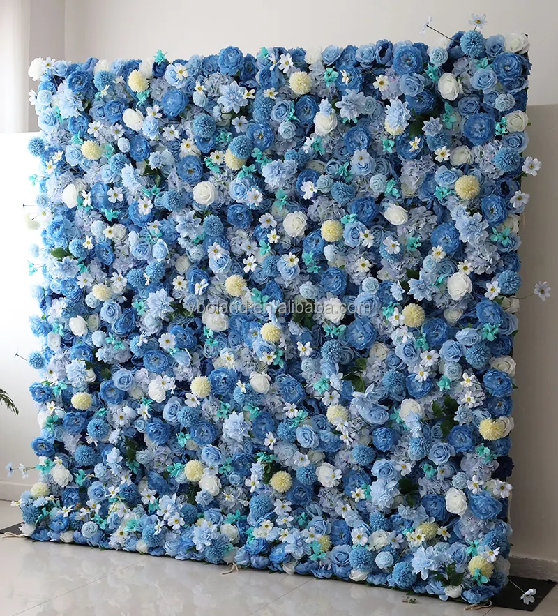 L05 3D Roll Up Stoff Stoff Hintergrund Blume Wand Vorhang Matte Blau Künstliche Seide Rose Blumen wände für Hochzeit Hintergrund Dekor