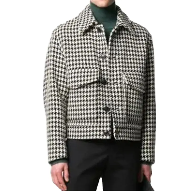 OEM Custom men grid wool blend boxy fit jacket checked overshirt with spread collar