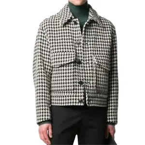 OEM-Chaqueta de lana de rejilla personalizada para hombre, chaqueta de corte boxy a cuadros con cuello extendido
