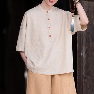 Chemisier Pullover Femme Printemps-Été en Coton et Lin à Col Montant, Blocs de Couleurs et Boutons Plats – Tendance Mode - Product Image 6