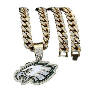 Collar con Colgante de los <span class=keywords><strong>Philadelphia</strong></span> Eagles, Cadena Cubana Dorada con Incrustaciones de Diamantes Geométricos, Estilo Punk Hip-hop de Aleación para Fiestas - Product Image 1