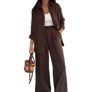 Nouveau style femme ensemble deux pièces pantalon ample et haut motif solide longueur cheville - Product Image 3