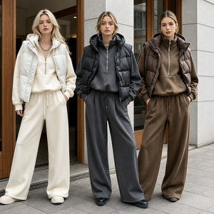 Women's Heavyweight Fleece Sweatshirt Set Puffer <b>Vest</b> and Wide Leg Pants Winter Streetwear Tracksuit - Product Image 1